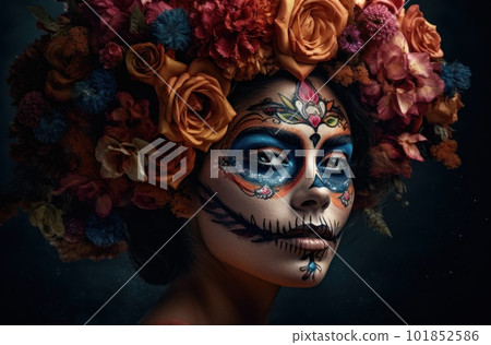 Portrait of a woman with sugar skull makeup over dark background. Halloween costume and make-up. Portrait of Calavera Catrina. Generative AI. 101852586