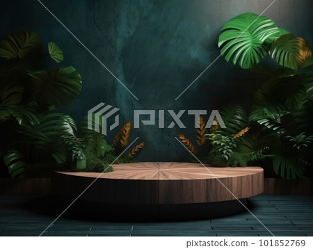 Cosmetics product advertising stand. Exhibition wooden podium on green background with leaves and shadows. Empty pedestal to display product packaging. Mockup. Generative AI. 101852769