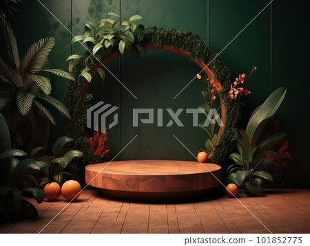 Cosmetics product advertising stand. Exhibition wooden podium on green background with leaves and shadows. Empty pedestal to display product packaging. Mockup. Generative AI. 101852775