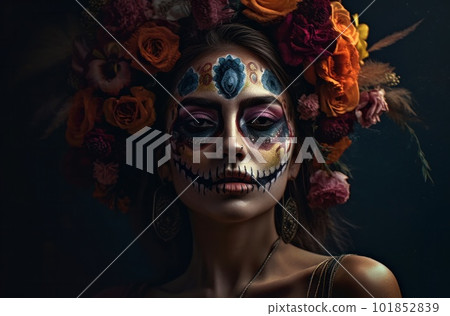 Portrait of a woman with sugar skull makeup over dark background. Halloween costume and make-up. Portrait of Calavera Catrina. Generative AI. 101852839