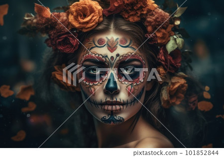 Portrait of a woman with sugar skull makeup over dark background. Halloween costume and make-up. Portrait of Calavera Catrina. Generative AI. 101852844