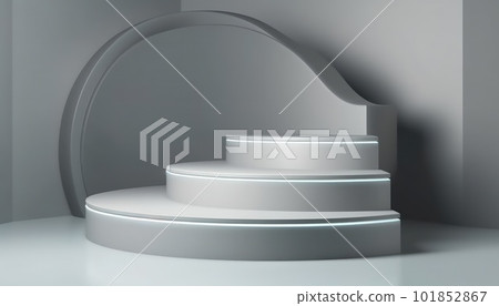 Elegant abstract set of white podiums in sunlight with shadow on white background for product display. Simple modern geometric design. Generative AI. 101852867
