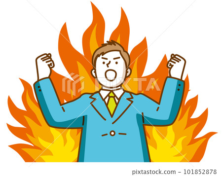 A man in a suit looking up at the sky with flames in the background and doing a guts pose 101852878