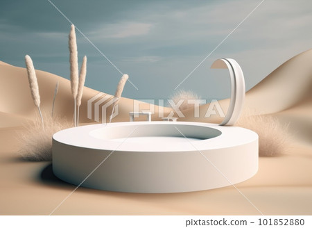 Podium on sand background. Display with sunshade and shadow on the background for cosmetic perfume fashion natural product. Generative AI. 101852880