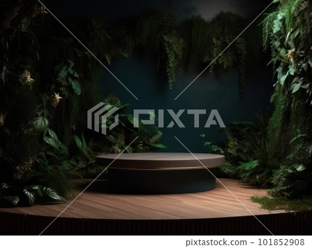 Cosmetics product advertising stand. Exhibition wooden podium on green background with leaves and shadows. Empty pedestal to display product packaging. Mockup. Generative AI. Cosmetics product advertising stand. Exhibition wooden podium on green background with leaves and shadows. Empty pedestal to display product packaging. Mockup. Generative AI. 101852908