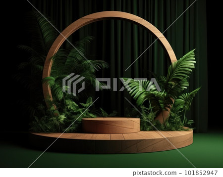 Cosmetics product advertising stand. Exhibition wooden podium on green background with leaves and shadows. Empty pedestal to display product packaging. Mockup. Generative AI. 101852947