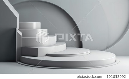 Elegant abstract set of white podiums in sunlight with shadow on white background for product display. Simple modern geometric design. Generative AI. 101852992