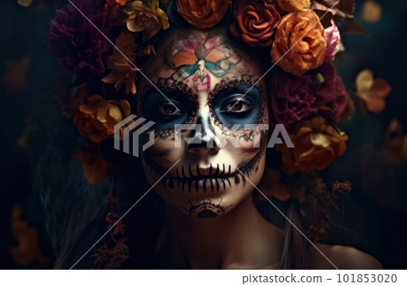 Portrait of a woman with sugar skull makeup over dark background. Halloween costume and make-up. Portrait of Calavera Catrina. Generative AI. Portrait of a woman with sugar skull makeup over dark background. Halloween costume and make-up. Portrait of Calavera Catrina. Generative AI. 101853020