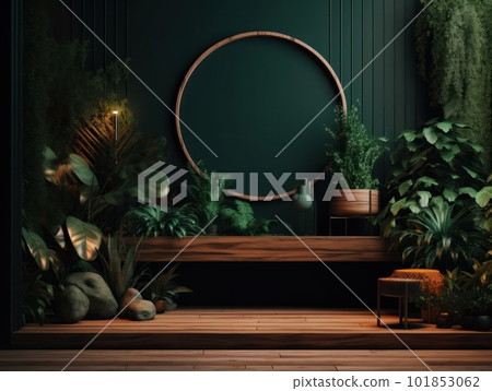 Cosmetics product advertising stand. Exhibition wooden podium on green background with leaves and shadows. Empty pedestal to display product packaging. Mockup. Generative AI. 101853062