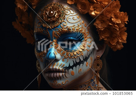 Portrait of a woman with sugar skull makeup over dark background. Halloween costume and make-up. Portrait of Calavera Catrina. Generative AI. Portrait of a woman with sugar skull makeup over dark background. Halloween costume and make-up. Portrait of Calavera Catrina. Generative AI. 101853065