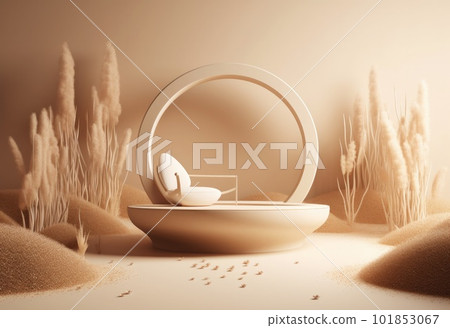 Podium on sand background. Display with sunshade and shadow on the background for cosmetic perfume fashion natural product. Generative AI. Podium on sand background. Display with sunshade and shadow on the background for cosmetic perfume fashion natural product. Generative AI. 101853067