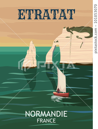 Travel poster Etretat France, vintage seascape rock cliff 101853070
