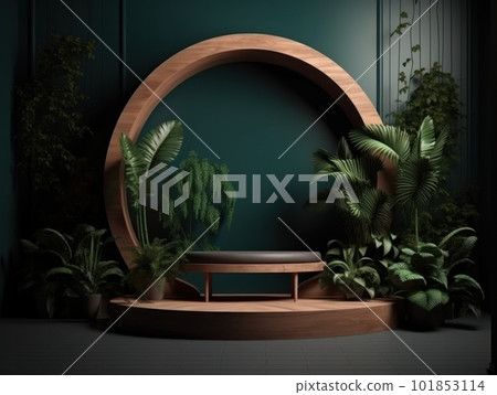 Cosmetics product advertising stand. Exhibition wooden podium on green background with leaves and shadows. Empty pedestal to display product packaging. Mockup. Generative AI. Cosmetics product advertising stand. Exhibition wooden podium on green background with leaves and shadows. Empty pedestal to display product packaging. Mockup. Generative AI. 101853114