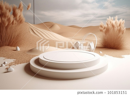 Podium on sand background. Display with sunshade and shadow on the background for cosmetic perfume fashion natural product. Generative AI. Podium on sand background. Display with sunshade and shadow on the background for cosmetic perfume fashion natural product. Generative AI. 101853151