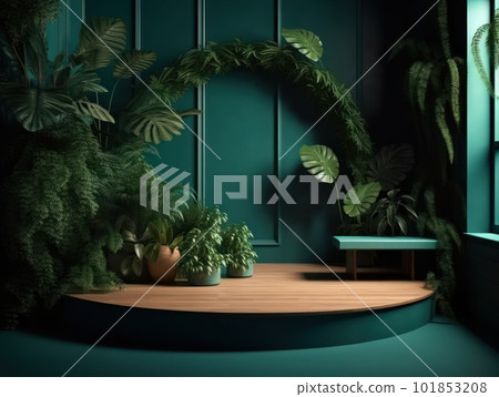 Cosmetics product advertising stand. Exhibition wooden podium on green background with leaves and shadows. Empty pedestal to display product packaging. Mockup. Generative AI. 101853208