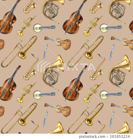 Musical instruments seamless pattern watercolor isolated on beige. 101853224