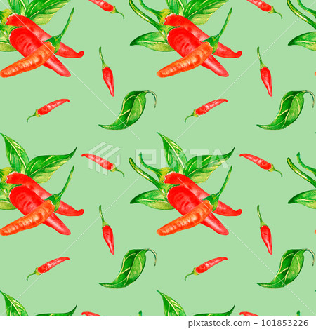 Tabasco hot pepper and leaves watercolor seamless pattern isolated on green. Tabasco hot pepper and leaves watercolor seamless pattern isolated on green. 101853226