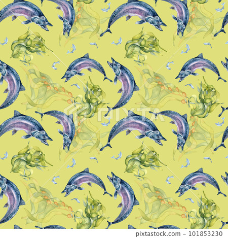 Seamless pattern of salmon and sea plants watercolor isolated on green. 101853230