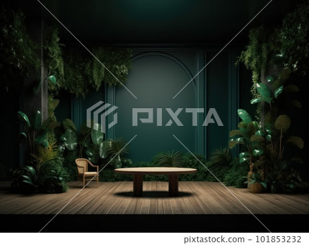 Cosmetics product advertising stand. Exhibition wooden podium on green background with leaves and shadows. Empty pedestal to display product packaging. Mockup. Generative AI. 101853232