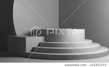 Elegant abstract set of white podiums in sunlight with shadow on white background for product display. Simple modern geometric design. Generative AI. 101853253