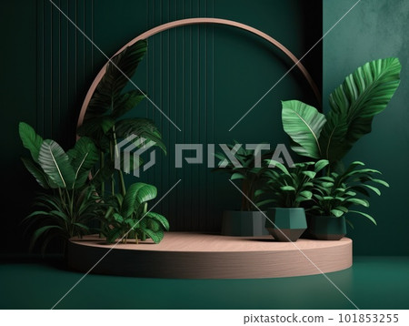 Cosmetics product advertising stand. Exhibition wooden podium on green background with leaves and shadows. Empty pedestal to display product packaging. Mockup. Generative AI. Cosmetics product advertising stand. Exhibition wooden podium on green background with leaves and shadows. Empty pedestal to display product packaging. Mockup. Generative AI. 101853255