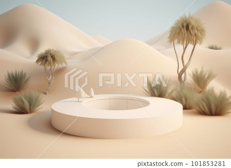 Podium on sand background. Display with sunshade and shadow on the background for cosmetic perfume fashion natural product. Generative AI. 101853281