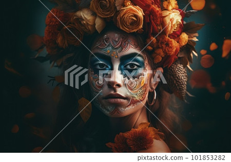 Portrait of a woman with sugar skull makeup over dark background. Halloween costume and make-up. Portrait of Calavera Catrina. Generative AI. 101853282