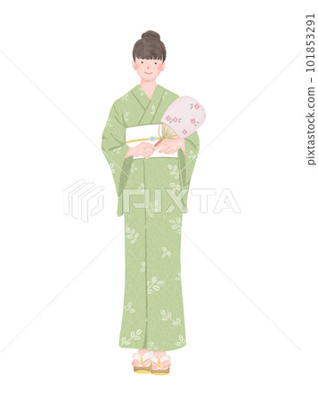 Full body illustration of a woman wearing a yukata with a fan Full body illustration of a woman wearing a yukata with a fan 101853291