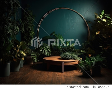 Cosmetics product advertising stand. Exhibition wooden podium on green background with leaves and shadows. Empty pedestal to display product packaging. Mockup. Generative AI. 101853326