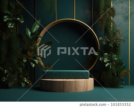 Cosmetics product advertising stand. Exhibition wooden podium on green background with leaves and shadows. Empty pedestal to display product packaging. Mockup. Generative AI. Cosmetics product advertising stand. Exhibition wooden podium on green background with leaves and shadows. Empty pedestal to display product packaging. Mockup. Generative AI. 101853352