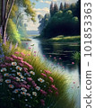 Blooming flowers and lake 101853363