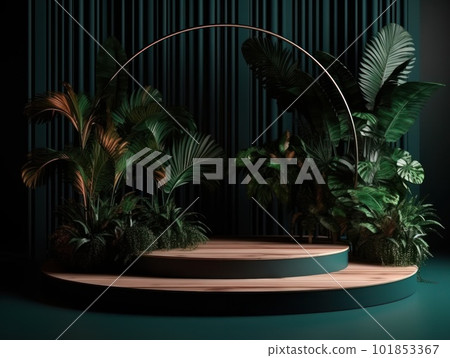 Cosmetics product advertising stand. Exhibition wooden podium on green background with leaves and shadows. Empty pedestal to display product packaging. Mockup. Generative AI. Cosmetics product advertising stand. Exhibition wooden podium on green background with leaves and shadows. Empty pedestal to display product packaging. Mockup. Generative AI. 101853367