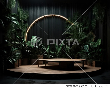 Cosmetics product advertising stand. Exhibition wooden podium on green background with leaves and shadows. Empty pedestal to display product packaging. Mockup. Generative AI. Cosmetics product advertising stand. Exhibition wooden podium on green background with leaves and shadows. Empty pedestal to display product packaging. Mockup. Generative AI. 101853393