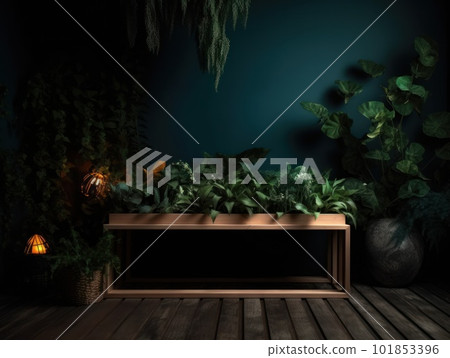 Cosmetics product advertising stand. Exhibition wooden podium on green background with leaves and shadows. Empty pedestal to display product packaging. Mockup. Generative AI. 101853396