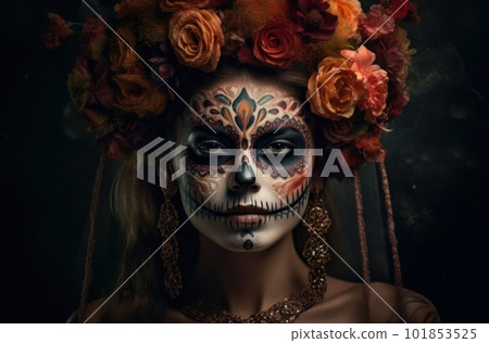 Portrait of a woman with sugar skull makeup over dark background. Halloween costume and make-up. Portrait of Calavera Catrina. Generative AI. Portrait of a woman with sugar skull makeup over dark background. Halloween costume and make-up. Portrait of Calavera Catrina. Generative AI. 101853525
