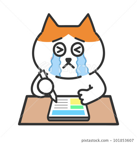 Cat tablet illustration crying while studying 101853607