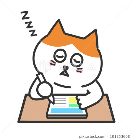 Cat tablet illustration sleeping while studying 101853608
