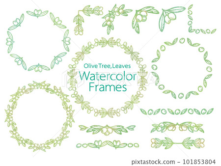一組框架、裝飾品和角，上面有橄欖果和樹葉。水彩風格，矢量素材。 101853804