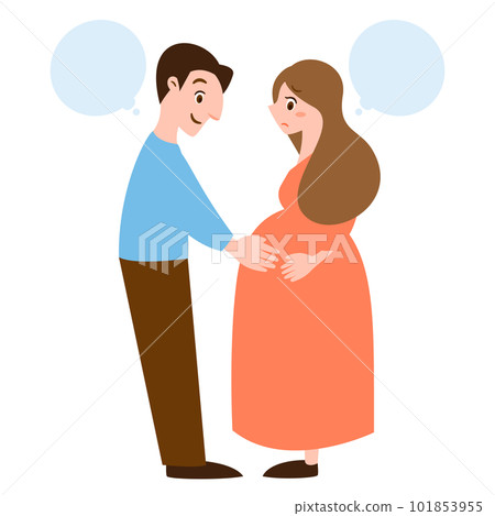 Illustration of a married couple of a pregnant woman in maternity blue who is anxious about giving birth and a reliable husband who positively supports her _ direction 101853955