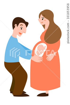 Illustration of a couple of pregnant women in the middle and late stages of pregnancy and their husbands calling out to the fetus_prenatal education Illustration of a couple of pregnant women in the middle and late stages of pregnancy and their husbands calling out to the fetus_prenatal education 101853958