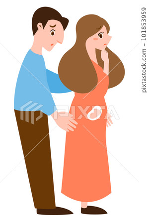 Illustration of a married couple of a pregnant woman in the early stages of pregnancy and a troubled husband who is confused _ Support each other 101853959