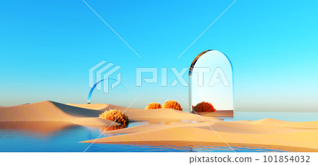 3d render Surreal pastel landscape background with geometric shapes, abstract fantastic desert dune in seasoning landscape with arches, panoramic, futuristic scene with copy space, blue sky and cloudy 101854032