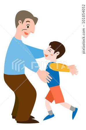 A cartoon illustration of a boy jumping into his chest with a grandpa perfect for Children's Day and Respect for the Aged Day _sideways 101854052