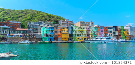 Landscape and Cityscape of Colorful Zhengbin Fishing Port visiting in Keelung. landmark and popular  for tourists attractions near Taipei city, Taiwan 101854371