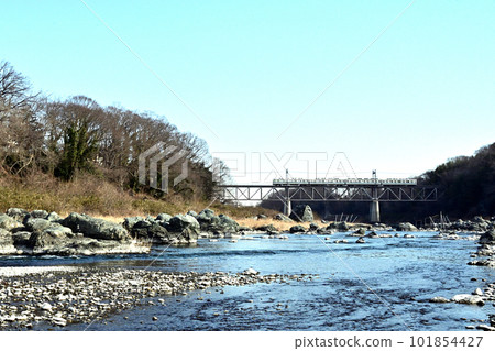 Tobu train crossing the Arakawa Bridge Tobu train crossing the Arakawa Bridge 101854427