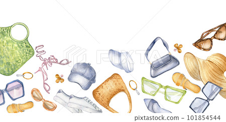 Banner of woman's summer clothes and accessories watercolor illustration isolated on white. Beachwear, bags, hats, glasses hand drawn. Design for shop, sale, magazine, packaging, showcase, signboard 101854544