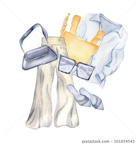 Composition of shirt, trousers, handbag, shoes, bijou, top watercolor illustration isolated on white. Woman's summer outfit hand drawn. Design for shop, sale, magazine, packaging, showcase, pattern 101854545