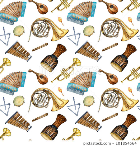 Musical instruments seamless pattern watercolor isolated on white. 101854564