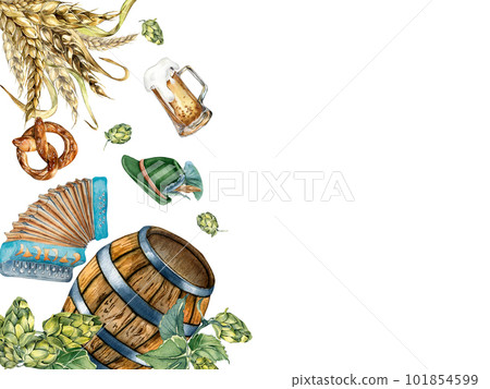 Board of wooden barrel, glass beer, accordion, hop vine watercolor illustration isolated on white. 101854599