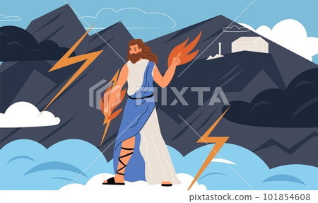 Zeus figure. Ancient Greek god. Devine religious character throws fire and lightning from Olympus. Titanomachy legend. Mythological Roman Jupiter. Greece deity. Garish vector concept Zeus figure. Ancient Greek god. Devine religious character throws fire and lightning from Olympus. Titanomachy legend. Mythological Roman Jupiter. Greece deity. Garish vector concept 101854608